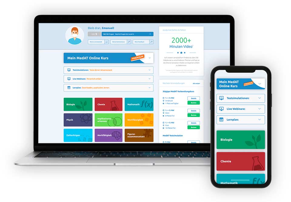 Das studymed Onlinekurs-Dashboard auf Desktop und Smartphone